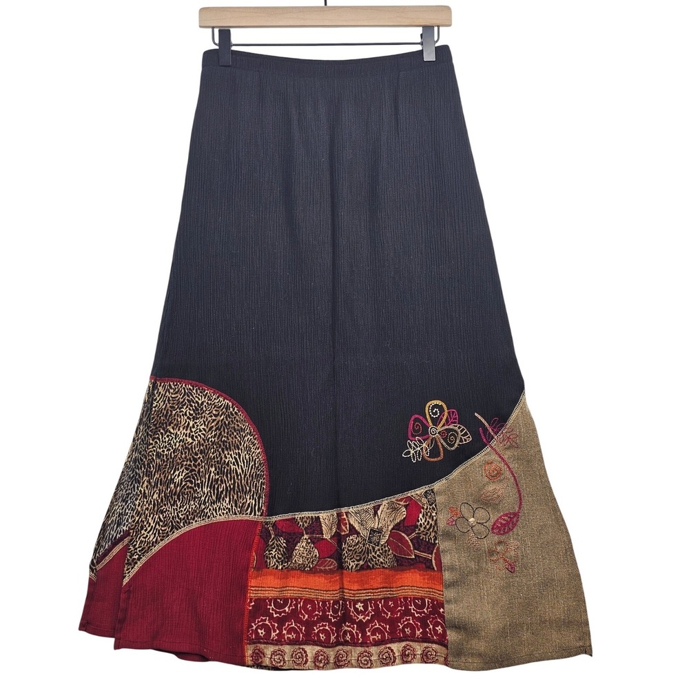 Koret Womens Black Patchwork Maxi Skirt Boho Animal Print Floral Embroidered M